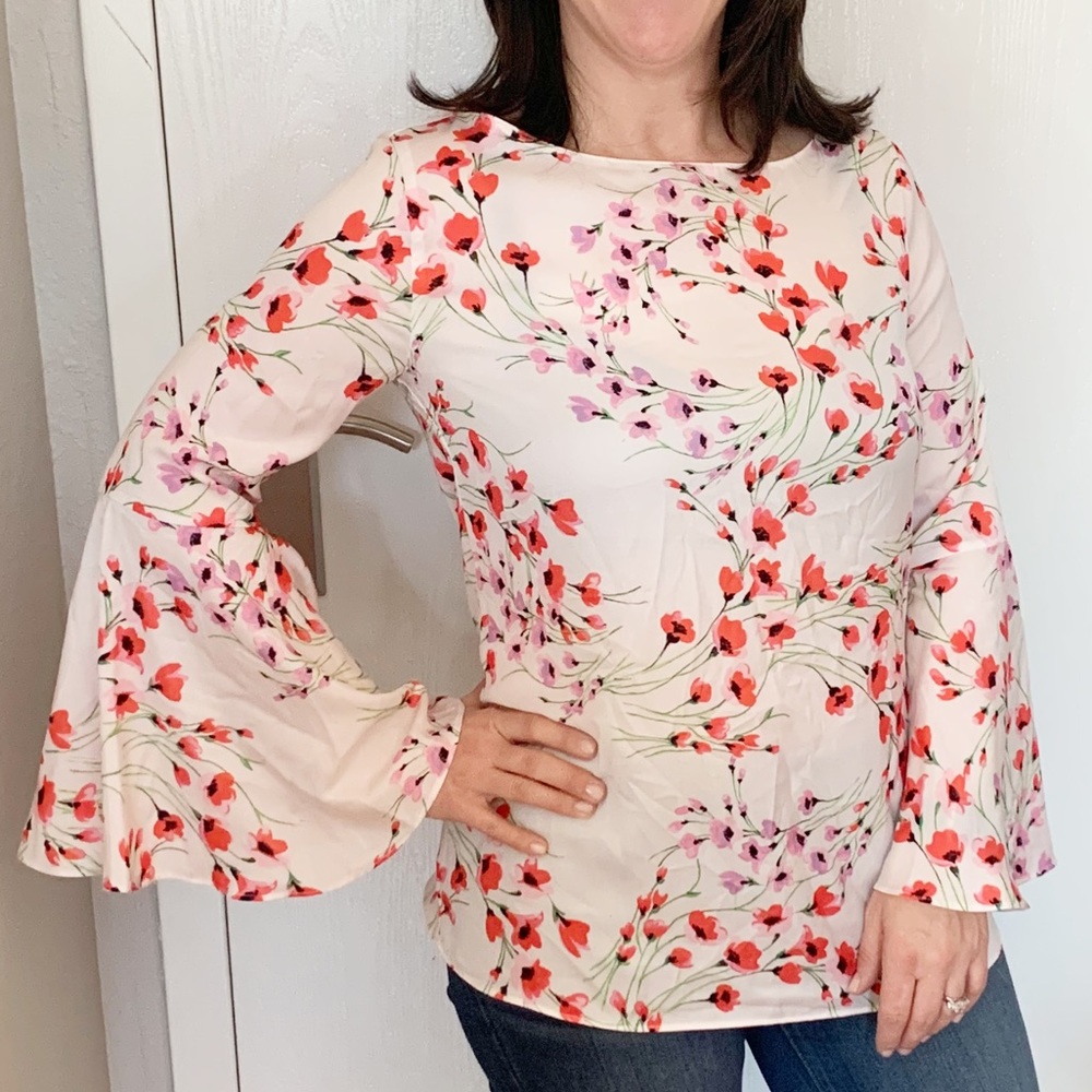 Banana Republic White Bell-Sleeve Poppy Print Top